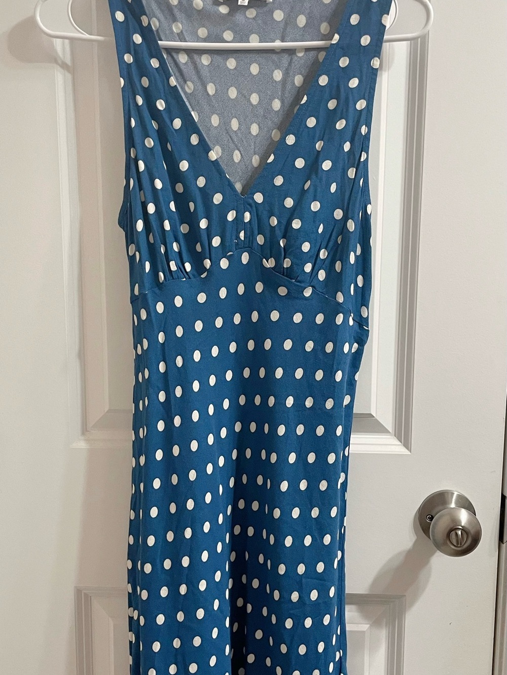 Reformation Blue and White Polka Dot V-Neck Sleeveless Dress